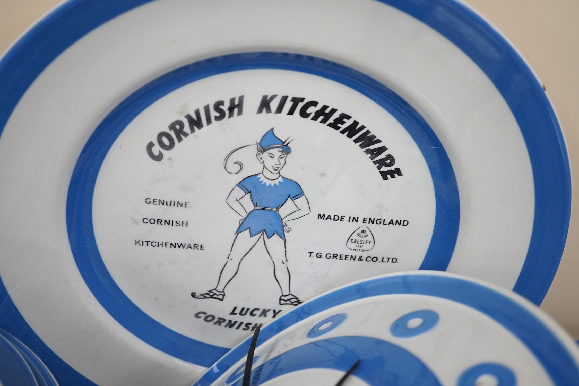 T.G.Green Cornish Kitchenware, a collection of tableware, to include lidded tureens, circular and oval plates, jelly moulds, etc. largest 35cm wide, approximately thirty five pieces, mainly Green Shield marks. Condition
